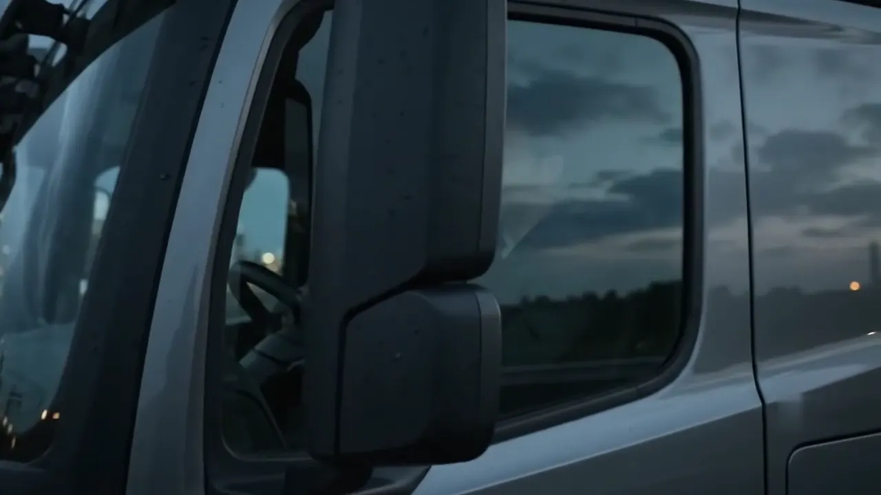 Commercial truck cabin, mirror and lighting systems in close-up